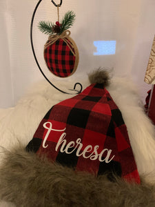 Personalized Buffalo plaid Christmas hat with faux fur