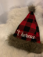 Load image into Gallery viewer, Personalized Buffalo plaid Christmas hat with faux fur
