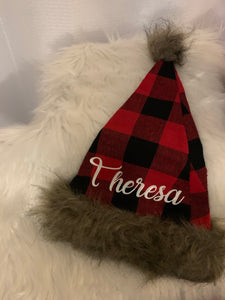 Personalized Buffalo plaid Christmas hat with faux fur
